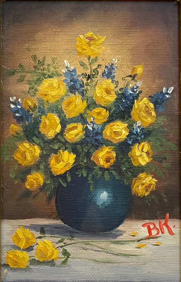 Yellow Roses in a blue vase sitting on table. Painting by BK Dennis of Alpine, TX