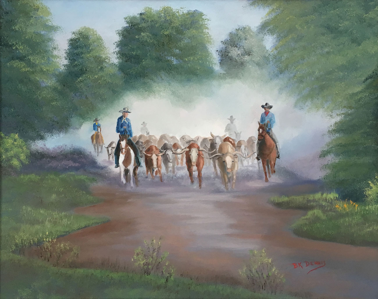 An oil painting of an approaching herd of cattle with mounted cowboys surrounding the group. Painted by B.K. Dennis of Alpine, TX.