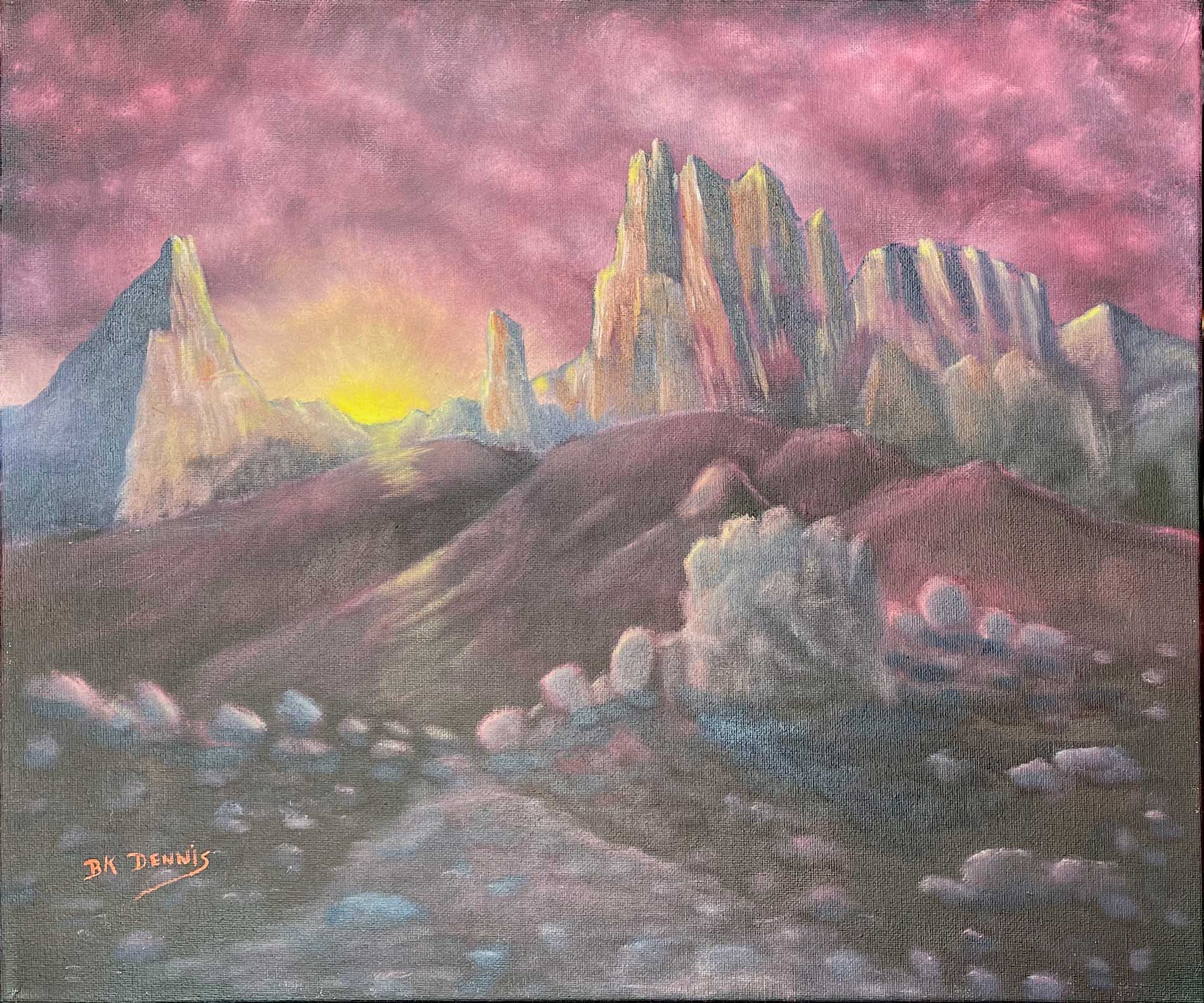 Oil painting by B.K. Dennis of a pink/purple sky behind a setting sun with sharp rock peaks in the foreground.