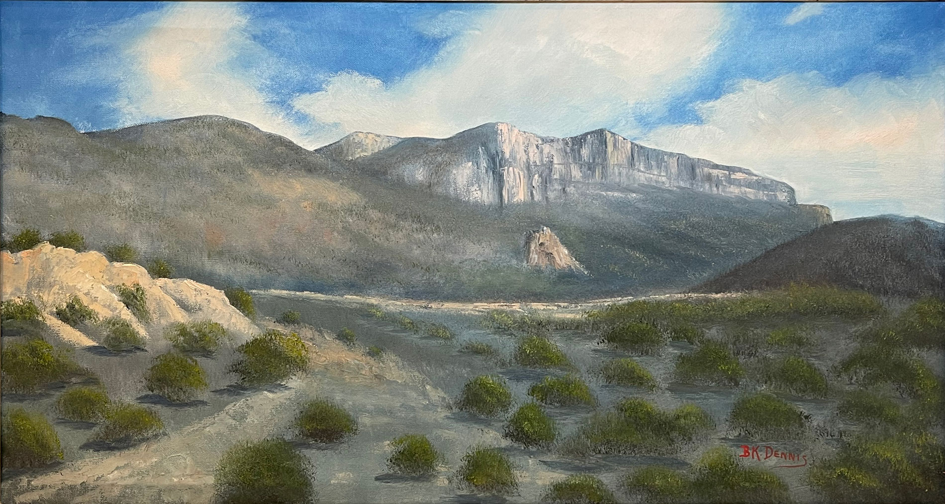 Alto Relex with blue sky and fluffy clouds, in the Big Bend National Park. Painting by BK Dennis of Alpine, TX