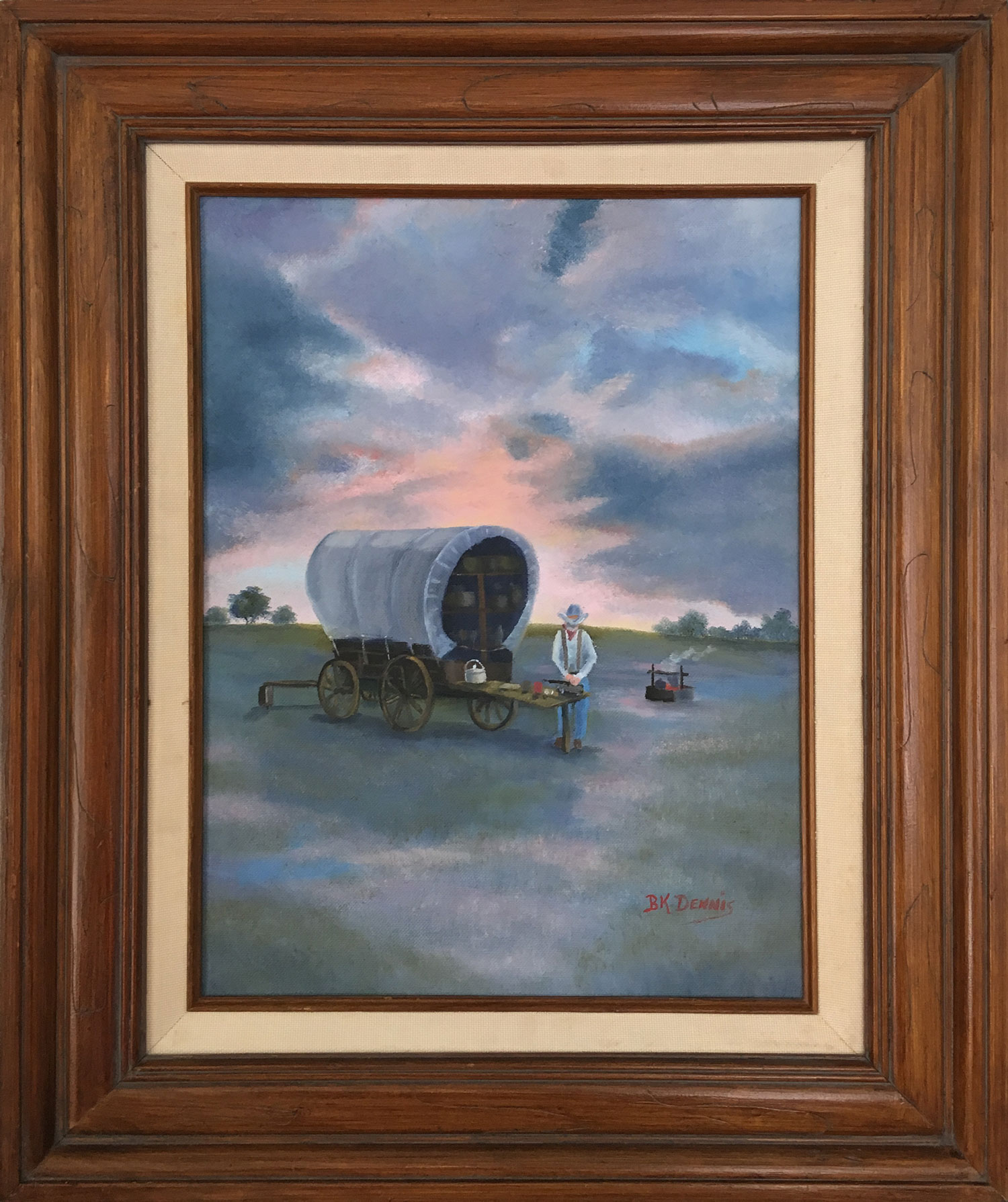 Oil painting by B.K. Dennis of a chuck wagon cook preparing a meal with a beautiful blue and pink cloudy sky in the background.