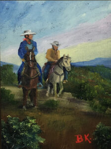 Oil painting by B.K. Dennis of Alpine, TX, of two cowboys riding their horses on a trail as the sunset colors the clouds in shades of yellow, pink and blue.