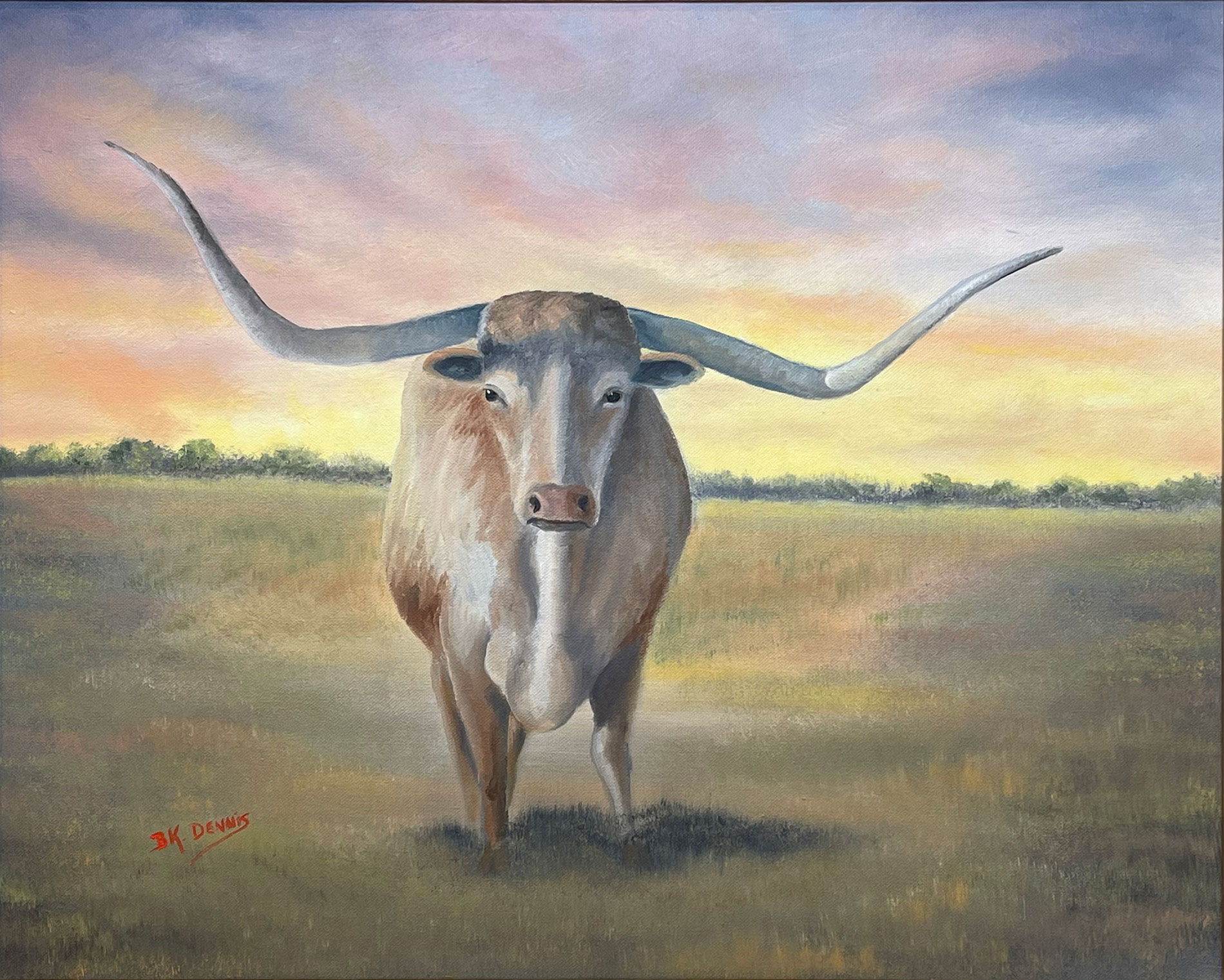 A longhorn steer standing looking straight ahead at the viewer with a beautiful sunset behind him. An oil painting by B.K. Dennis of Alpine, TX.