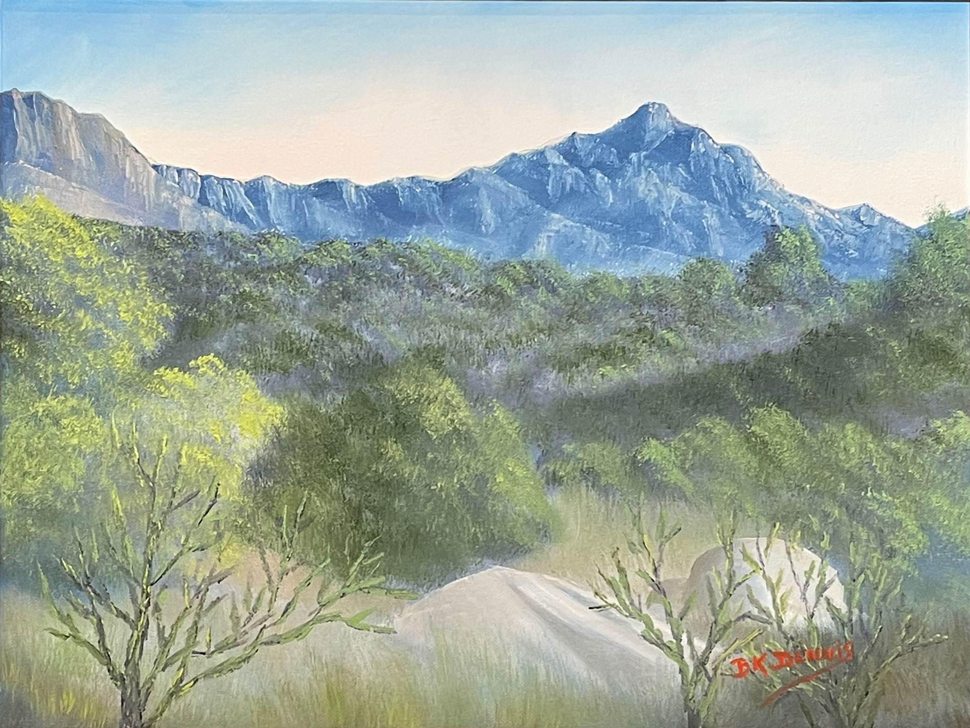 Oil painting by B.K. Dennis of Alpine, TX, of a mountain in the Big Bend National Park with green trees and other brush in the foreground.