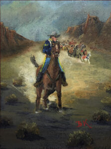 Oil painting of an old west cavalry soldier on horseback running from a band of Native Americans. Painted by B.K. Dennis of Alpine, TX.